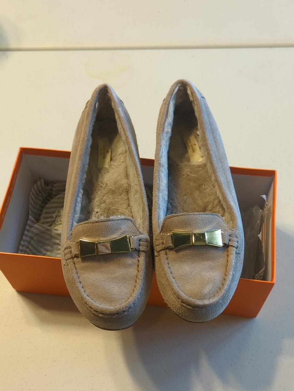 kate spade Taupe Suede Lined Loafers with Gold Bow
